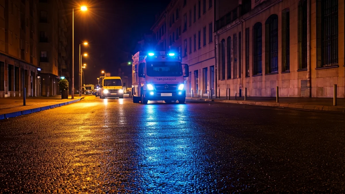 Irudi generikoa gaueko asfalto hezean islatzen diren larrialdi-argi urdin eta gorrienak.