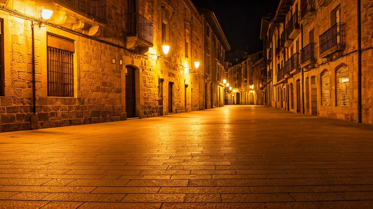 Durangoko kaleak argiztatzen dituzten farola modernoak ilunabarrean, atzealdean harrizko eraikin tradizionalak dituztenak.