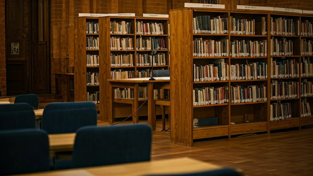 Irudi generikoa liburutegi baten barrualdekoa, egurrezko apalategiekin eta mikrofono batekin.