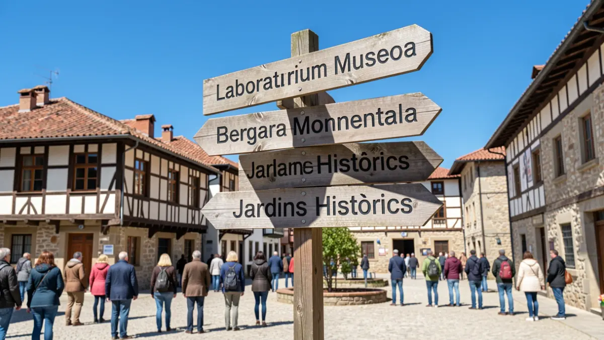 Seinalea Euskal Herriko herri bateko plazan, 'Laboratorium Museoa', 'Bergara Monumentala' eta 'Jardins Històrics' bezalako gune historikoetara seinalatuz, atzealdean euskal arkitektura tradizionala eta zeru urdina.
