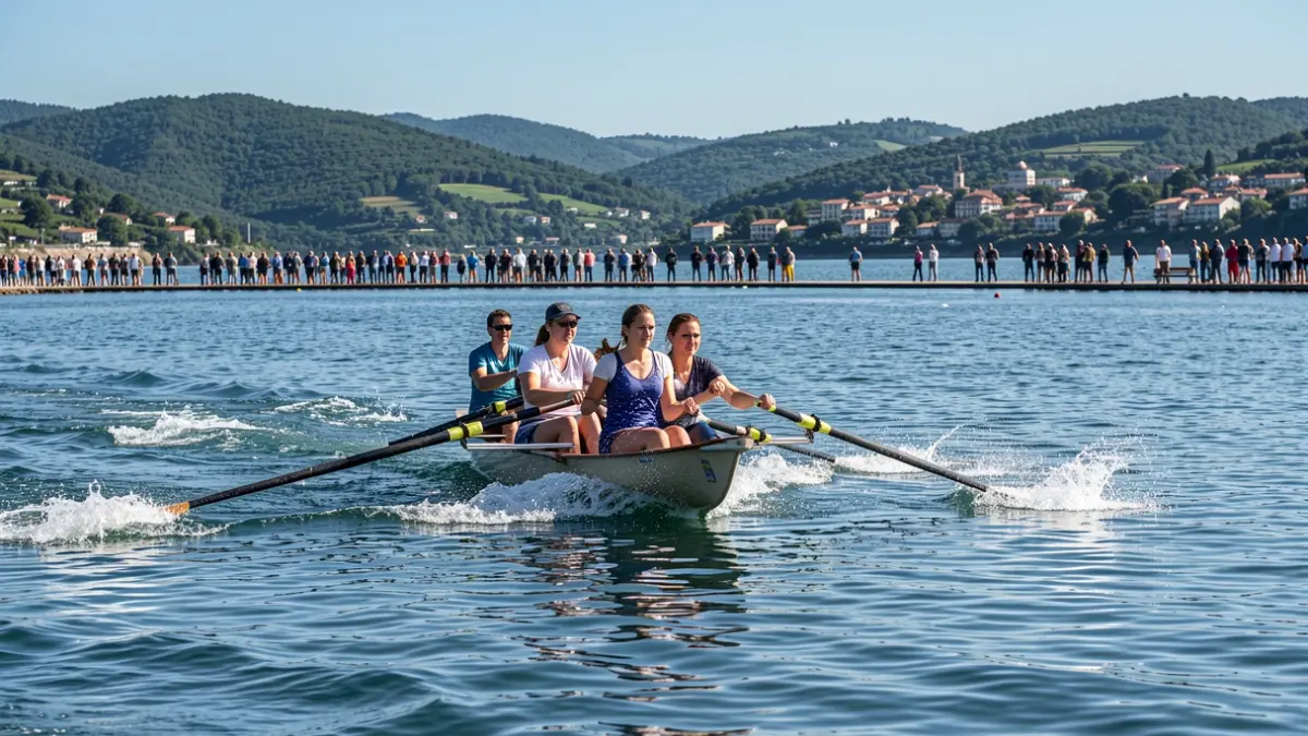 Arraunlariak uretan, urdin argiko itsasoan, herri txiki bat eta berdeak atzean.