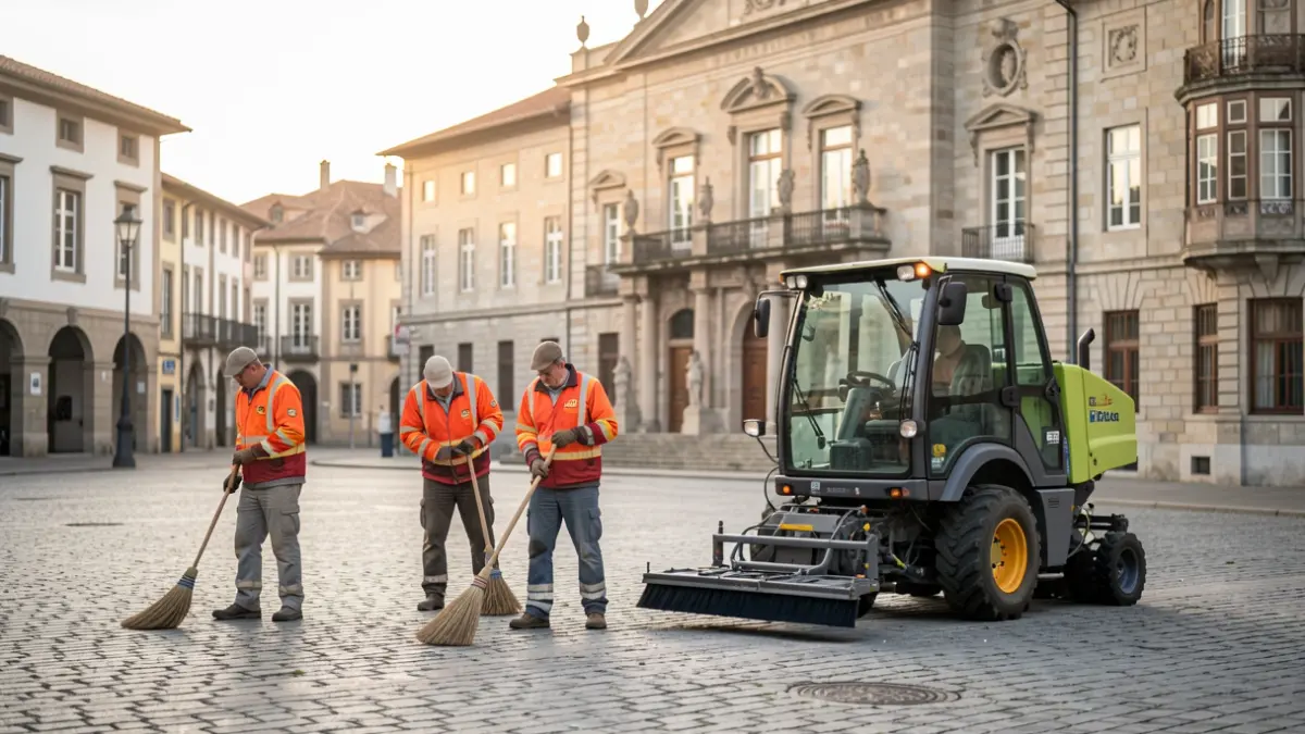 Vitoria-Gasteizko Udaleko kale garbiketa talde bat plaza batean lanean goizean argi naturalarekin.