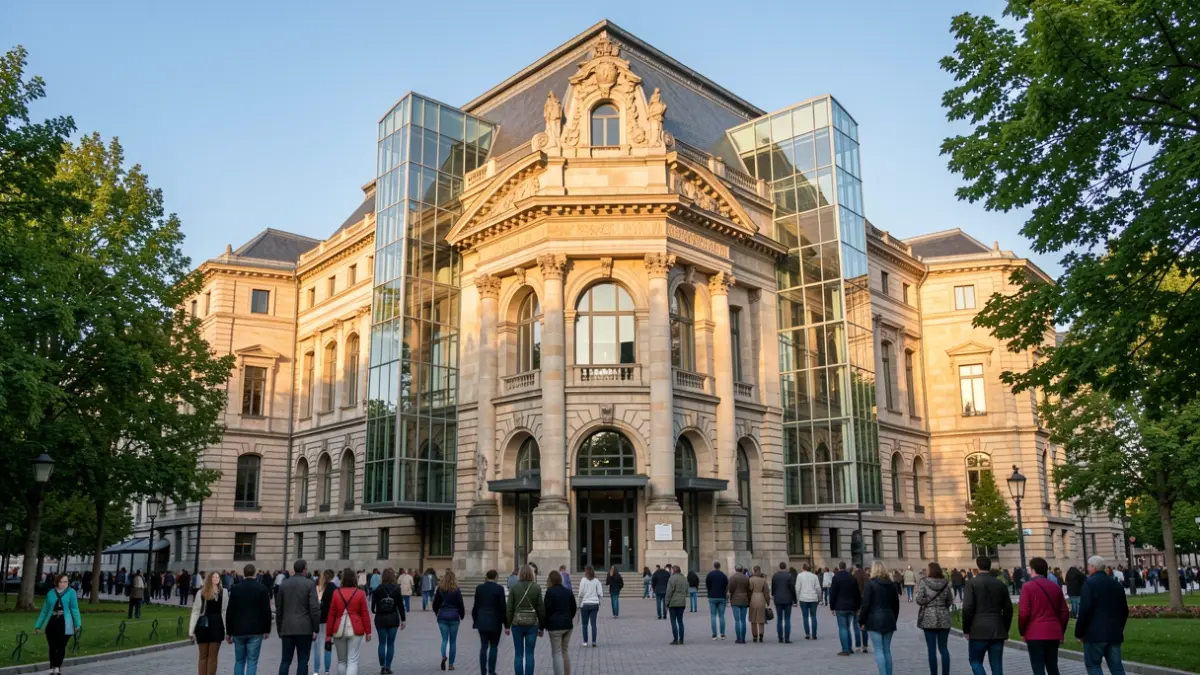 Bilboko Arte Ederren Museoko fatxada, harrizko arkitektura historikoa eta kristalezko eta altzairuzko gehikuntza modernoak nahastuz, arratsaldeko argi epelez argituta, atzealdean zuhaitz berdeak eta zeru urdin argia.