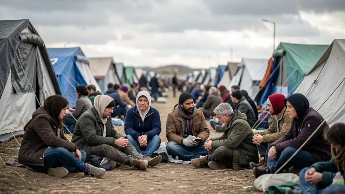 Errefuxiatu talde bat kanpaleku batean, behin-behineko aterpe baten kanpoaldean eserita, atzealdean beste karpa batzuk eta zeru lainotsua ikusten direla. Ezenak itxaronaldia eta zaurgarritasuna adierazten ditu.
