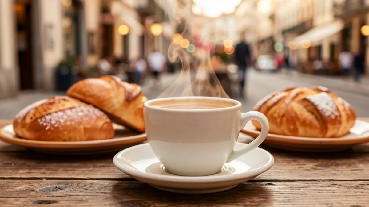 Kafe bero baten argazki hurbila mahai gainean, gozogintza artisauak eta Vitoria-Gasteizko kale-eszenaren arrasto bat atzealdean.